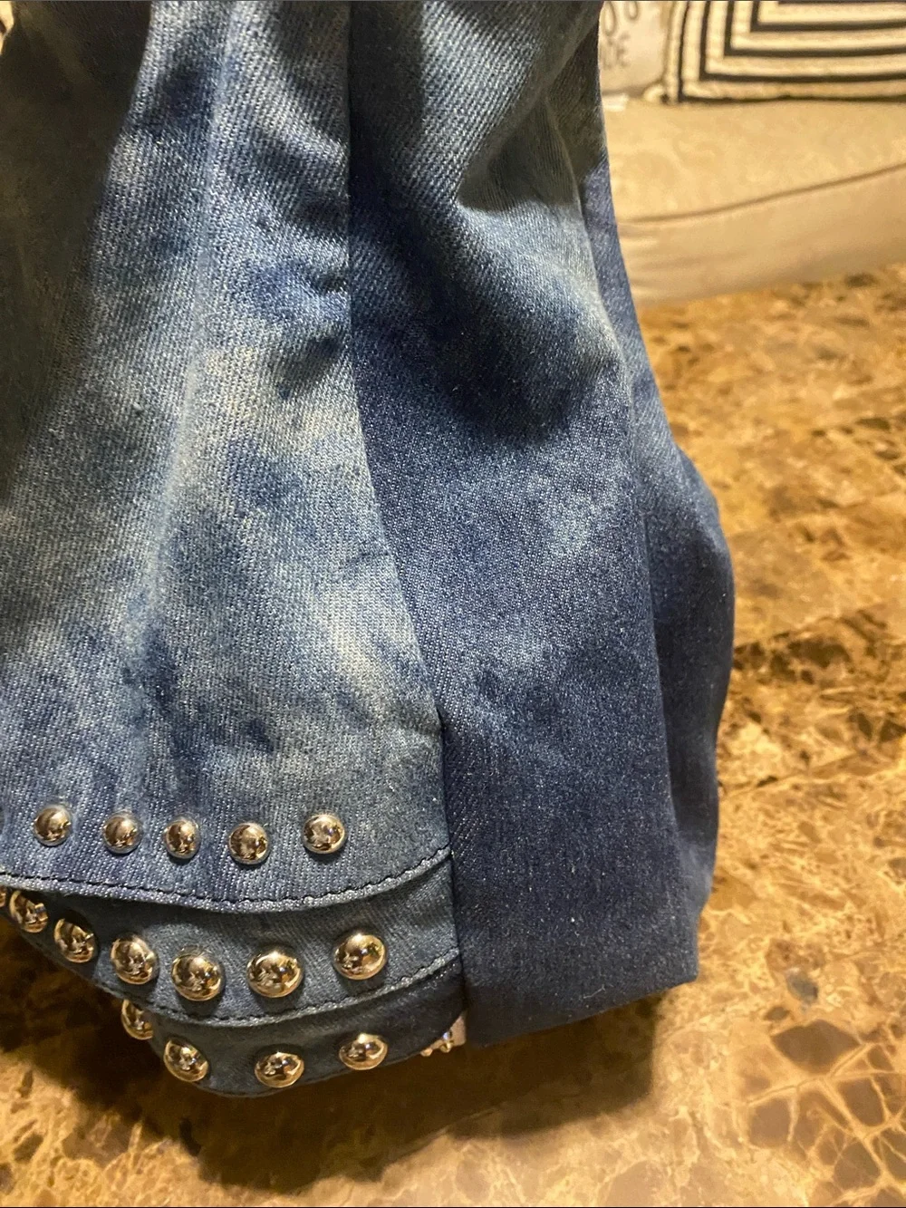 Studded Blue & White Shoulder Bag with Crystal Front